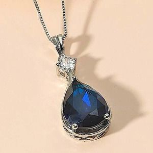 NEW STERLING SILVER BLUE SAPPHIRE PENDANT NECKLACE